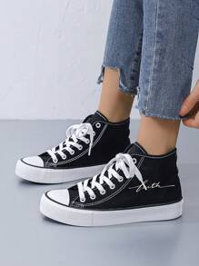 Unisex Minimalist "Faith" Letter Black Vulcanized High-Top Canvas Sneakers
