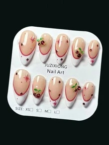 10 piezas de uñas postizas elegantes y de alta gama con diseños hechos a mano de almendra blanca, ribete rojo, estrella roja y cereza simple y de moda. Incluye suministros para uñas y uñas postizas. - Multicolor - Ver 4