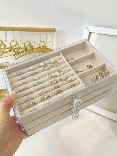 1 pieza Caja de joyería acrílica de tres capas con forro de franela, organizador de joyas tipo cajón, caja de almacenamiento de collares, aretes y anillos, regalo para mujeres y niñas