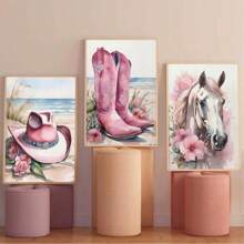 3 Pieces Of Coastal Western Cowgirl Canvas Wall Art, Pink Flower Boots Hat, Horse Aesthetic Painting Picture, Wall Decoration, Southern Girl Fashion College Style Poster Printing Artwork, Girl Room Bedroom Dormitory, Frameless