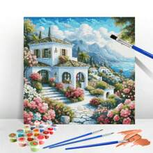1 件套数字油画套装房屋花卉海滨山脉丙烯颜料数字绘画套装画布风景画家居装饰 - 紫紅色 - 查看 1