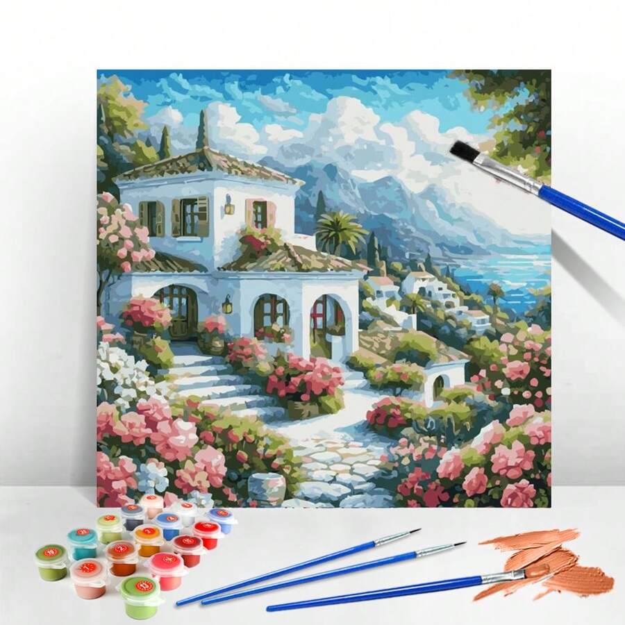 1 件套数字油画套装房屋花卉海滨山脉丙烯颜料数字绘画套装画布风景画家居装饰 - 紫紅色 - 查看 1