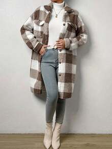 Women's Autumn & Winter Single-Breasted Lapel Plush Plaid Coat, Loose Long Overcoat, Long-Sleeved Outerwear - Brown - View 5