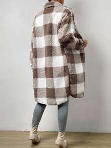 Women's Autumn & Winter Single-Breasted Lapel Plush Plaid Coat, Loose Long Overcoat, Long-Sleeved Outerwear - Brown - View 3
