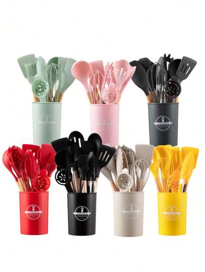 Silicone Cooking Utensils Set -Heat Resistant Silicone Kitchen Utensils For Cooking, Kitchen Utensil Spatula Set Wooden Handles And Holder