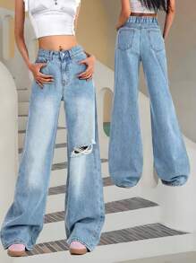 Teenage Girls Fashion Distressed Washed Wide Leg Loose Straight Jeans - Blue - View 1
