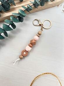 1pc Daisy Boho Style Silicone Wooden Bead Keychain Pendant Backpack Hanging Accessory, Keyring Anti-Lost, Teacher's/Mother's Day Gift School Car Accessories Cute Goth Y2k - Multicolor - View 14