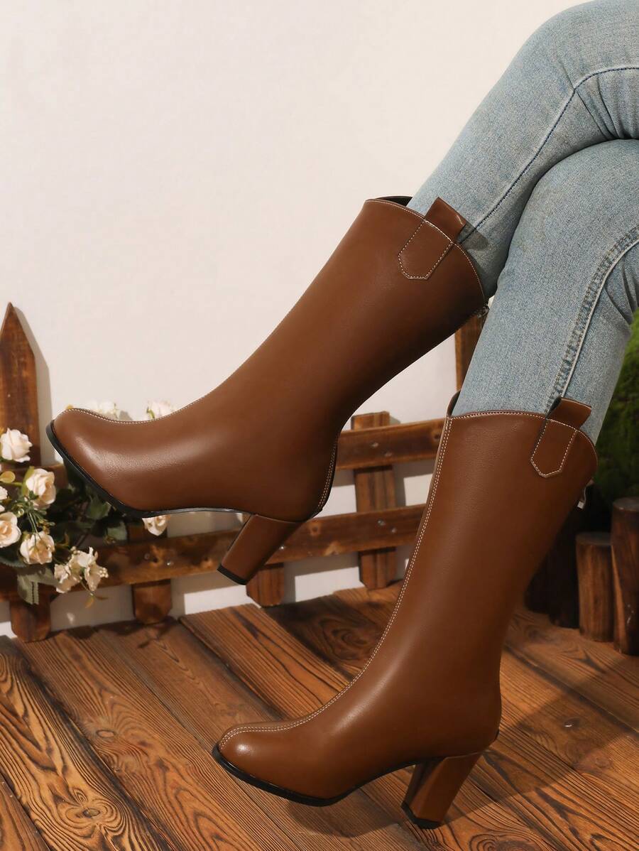 女士粗跟圆头牛仔靴，黑色中筒高筒，复古风格，秋冬 - 棕色 - 查看 1