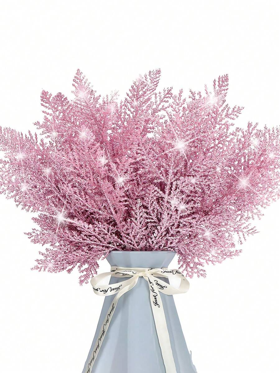 10pcs Pink Christmas Glitter Pine Needles 10.6 Inch Pine Tree Stem
