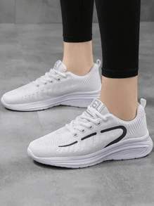 2025 秋季女式透气针织时尚运动鞋 - 休闲系带步行鞋，采用柔软 PVC 鞋底、织物鞋垫和衬里 - 轻便、舒适、圆头、低帮 - 四季耐磨运动鞋 - 白色 - 查看 2