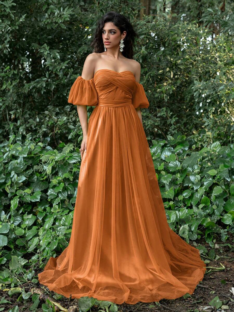 Faeriesty 露肩泡泡袖后背系带正式舞会礼服，优雅晚礼服，适合婚礼宾客、毕业典礼、晚宴、派对礼服、长袍 - 橘色 - 查看 1