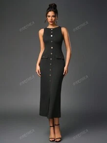 PARTHEA Vestido largo ajustado de cuello redondo sin mangas con cartera con botones