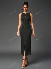 PARTHEA Vestido largo ajustado de cuello redondo sin mangas con cartera con botones