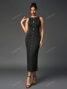 PARTHEA Vestido largo ajustado de cuello redondo sin mangas con cartera con botones