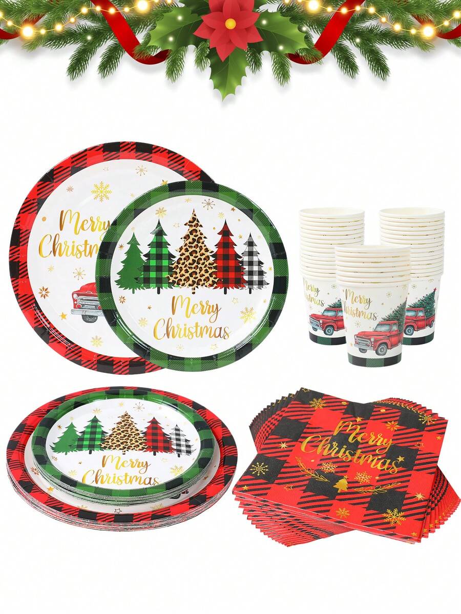 Bộ đồ ăn dùng một lần chủ đề Giáng sinh 40 món/bộ, họa tiết xe cây thông Noel cho 8 người, bao gồm 8 đĩa giấy 7 inch, 8 đĩa giấy dùng một lần 9 inch, 8 cốc giấy dùng một lần, 16 khăn ăn dùng một lần cho vật dụng trang trí tiệc gia đình ngày lễ Giáng sinh, đồ trang trí Giáng sinh, Halloween, đồ trang trí Halloween - xe cây thông giáng sinh - Xem 1