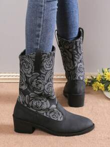 2024 New Embroidery Western Boots For Women, Fashion Pointed Toe Chunky Heel Ankle Boots