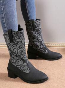 2024 New Embroidery Western Boots For Women, Fashion Pointed Toe Chunky Heel Ankle Boots