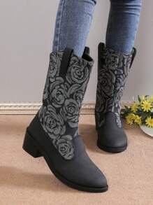 2024 New Embroidery Western Boots For Women, Fashion Pointed Toe Chunky Heel Ankle Boots