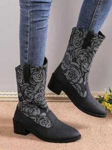 2024 New Embroidery Western Boots For Women, Fashion Pointed Toe Chunky Heel Ankle Boots