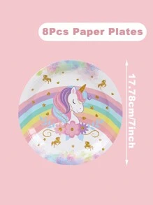 Set da 8 pezzi Decorazioni da tavola monouso a tema Unicorno, 8 piatti di carta usa e getta da 7 e 9 pollici, 8 bicchieri di carta, 16 tovaglioli, posate di carta, adatti per feste di famiglia, stile arcobaleno unicorno, articoli per compleanni