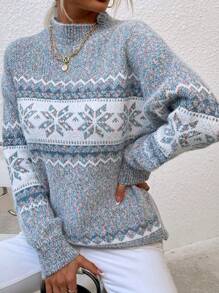女士针织毛衣，秋冬新款欧美风高领雪花图案雪尼尔套头衫，优雅 - 灰色 - 查看 4