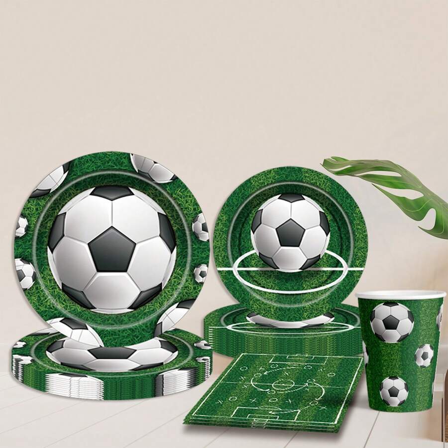 Soccer Themed Disposable Tableware Set For 20 Guests, GOAL! Print Paper Plates Cups Napkins, Green Football Field Pattern Party Supplies For Boys Birthday Sports Game Celebration - Multicolor - View 1
