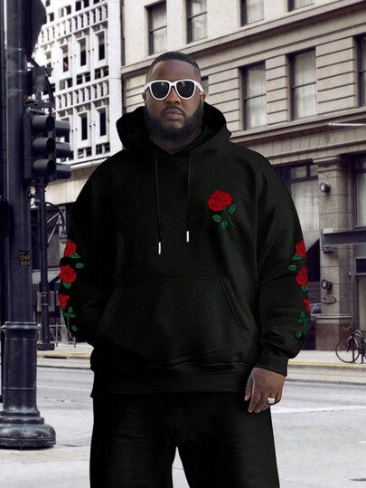 Plus Size Men Rose Graphic Drop Shoulder Drawstring Hoodie Sweatshirt, Casual & Fashion