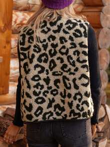 Acelitt 豹纹撞色羊羔绒单排扣麂皮背心外套