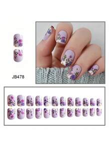 24 件方形短假指甲，紫色花朵和蜜蜂图案，全覆盖可拆卸美甲套装，适合女性派对、婚礼和日常佩戴按压指甲美甲用品 - 紫丁香色 - 查看 2