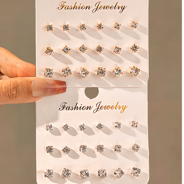 9-18 Pairs Fashionable Luxury Cubic Zirconia Embellished Gold/Silver Prong Set Stud Earrings Set