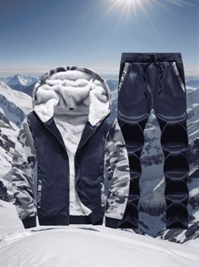 Conjunto de chaqueta y pantalones de invierno para hombres, traje deportivo con forro térmico grueso y cálido, con cremallera, unicolor con capucha y manga larga