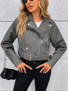 Women Faux Leather Jackets Bomber Cropped Motorcycle Fall Jackets Zip Up Coats Y2k Outfits