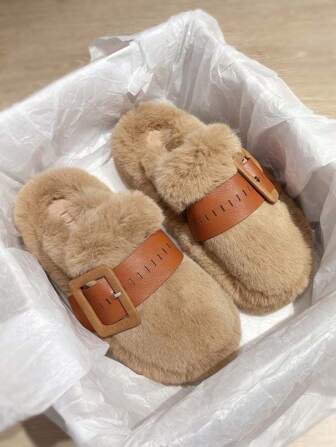 Women's Half-Wrap Single Buckle Plush Slippers, Warm And Lightweight In Fall And Winter