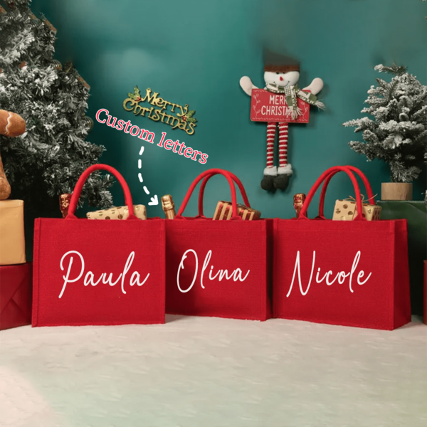 Bolsa de regalo personalizada de Navidad, bolsa de regalo navideña con nombre, saco de arpillera roja navideña, bolsa de regalo de Navidad, bolsa de regalo de Nochebuena, regalo de Navidad