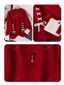 JIANHU New Spring Red Lace-Up Spliced Knit Sweater Women Loose Slimming Versatile Round Neck Long Sleeve Top, Vintage Warm Casual Oversized Look For Spring