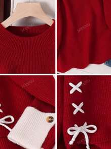 JIANHU New Spring Red Lace-Up Spliced Knit Sweater Women Loose Slimming Versatile Round Neck Long Sleeve Top, Vintage Warm Casual Oversized Look For Spring