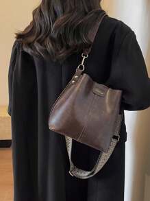 Mini Autumn And Winter Fashion Texture Solid Color PU Bucket Bag Retro Versatile Ladies Shoulder Bag - Coffee Brown - View 7