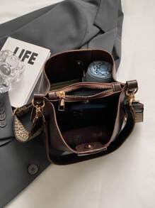 Mini Autumn And Winter Fashion Texture Solid Color PU Bucket Bag Retro Versatile Ladies Shoulder Bag - Coffee Brown - View 3