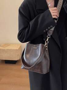 Mini Autumn And Winter Fashion Texture Solid Color PU Bucket Bag Retro Versatile Ladies Shoulder Bag - Coffee Brown - View 9