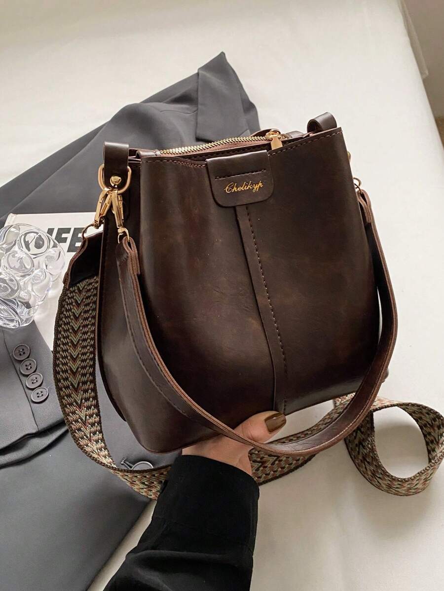 Mini Autumn And Winter Fashion Texture Solid Color PU Bucket Bag Retro Versatile Ladies Shoulder Bag - Coffee Brown - View 1