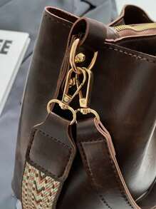 Mini Autumn And Winter Fashion Texture Solid Color PU Bucket Bag Retro Versatile Ladies Shoulder Bag - Coffee Brown - View 4