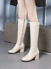 Women's Comfortable Chunky Heel Over-Knee Boots, Leather Tight-Fitting High-Tube Casual Mid-Heel Riding Boots, Side Zipper Long Tube Boots Solid Color Knee-High Boots For Work