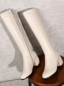 Women's Comfortable Chunky Heel Over-Knee Boots, Leather Tight-Fitting High-Tube Casual Mid-Heel Riding Boots, Side Zipper Long Tube Boots Solid Color Knee-High Boots For Work