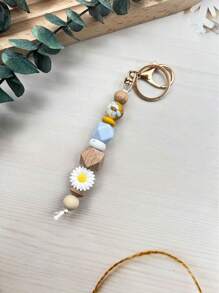 1pc Daisy Boho Style Silicone Wooden Bead Keychain Pendant Backpack Hanging Accessory, Keyring Anti-Lost, Teacher's/Mother's Day Gift School Car Accessories Cute Goth Y2k - Multicolor - View 17