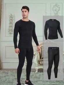 4-Piece Set Classic Slim-Fit Underwear Sports Base Layer Top And Leggings, 4-Way Stretch, Quick-Dry, Moisture-Wicking, Breathable Fabric For Gym, Indoor/Outdoor Fitness Exercises - Black - View 3