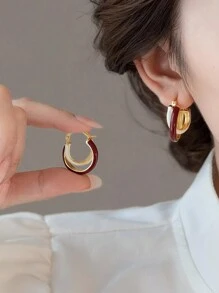 1 Pair 2pcs Burgundy Color Block French Retro Design Personalized Elegant Earrings, High-End Luxe Earrings For Autumn/Winter - Red and White - View 3