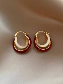 1 Pair 2pcs Burgundy Color Block French Retro Design Personalized Elegant Earrings, High-End Luxe Earrings For Autumn/Winter - Red and White - View 8