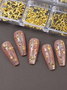 12 Fächer Gold Mond Stern Metallic Nagel Dekoration 3D Y2K Schmuck Strass Stahlkugel Nail Art Dekoration Maniküre Zubehör Diy Nail Gems Nail Zubehör Nägel