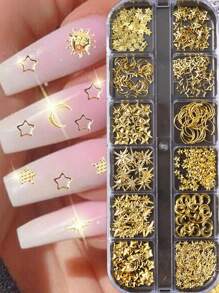 12 Fächer Gold Mond Stern Metallic Nagel Dekoration 3D Y2K Schmuck Strass Stahlkugel Nail Art Dekoration Maniküre Zubehör Diy Nail Gems Nail Zubehör Nägel