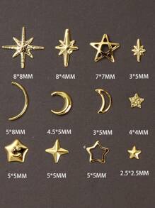12 Fächer Gold Mond Stern Metallic Nagel Dekoration 3D Y2K Schmuck Strass Stahlkugel Nail Art Dekoration Maniküre Zubehör Diy Nail Gems Nail Zubehör Nägel